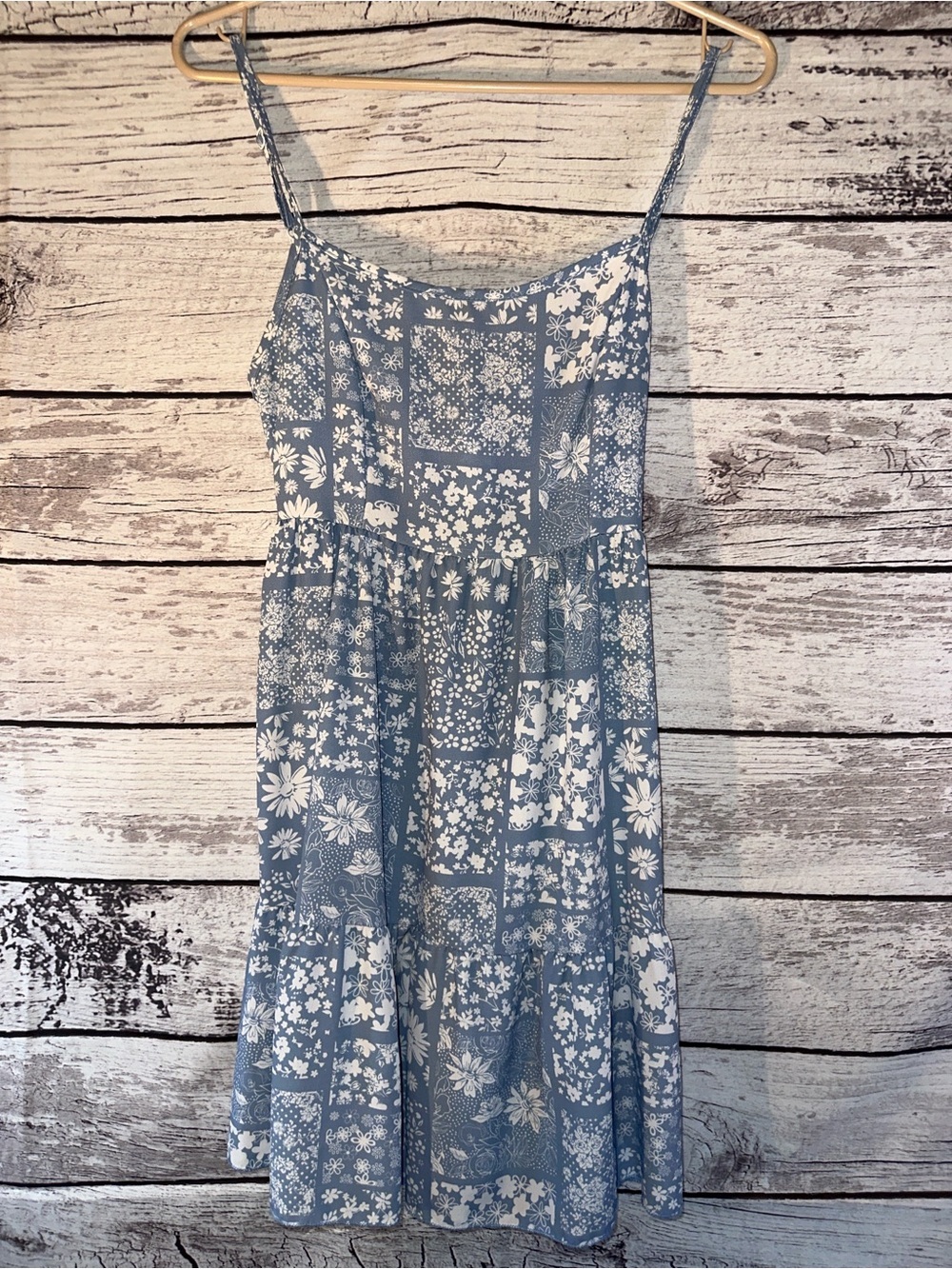 Altar’d Blue & White Floral Patchwork Tie Back Mini Dress XS Cottagecore